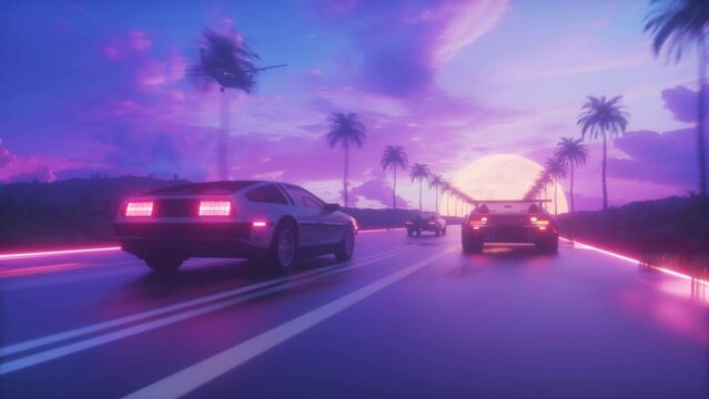 SynthWave Backdrop of Riding Cars at Sunset Loop