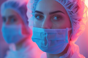 Intense focus from surgical team member in scrubs, illuminated by vibrant operating lights in theatre. Surgical staff in scrubs under vivid lighting, the urgency and precision of medical work in eyes