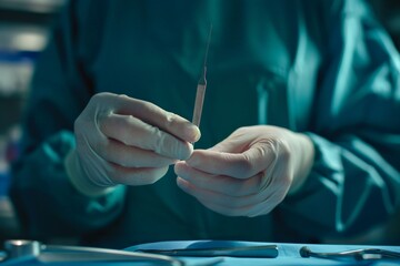 Surgical precision captured as hands in sterile gloves hold a suture needle, set against a backdrop of blue surgical drapes. Meticulous care in operation as a surgeon's gloved hands prepare to stitch