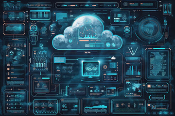 Cyber security cloud, detailed interfaces, dark background. AI Generated