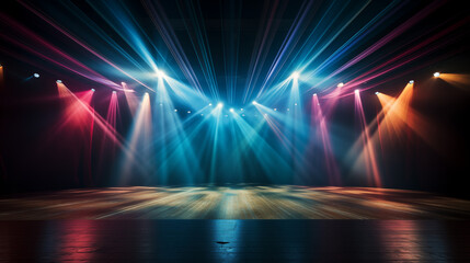 Blue stage curtain with spotlights, theatrical lighting on empty platform, event backdrop,...