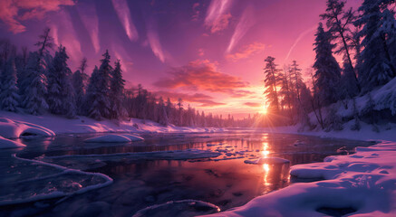 Amazing natural view of winter landscape with sunset light.