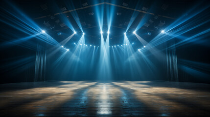 Blue stage curtain with spotlights, concert lighting beams, empty auditorium background,...