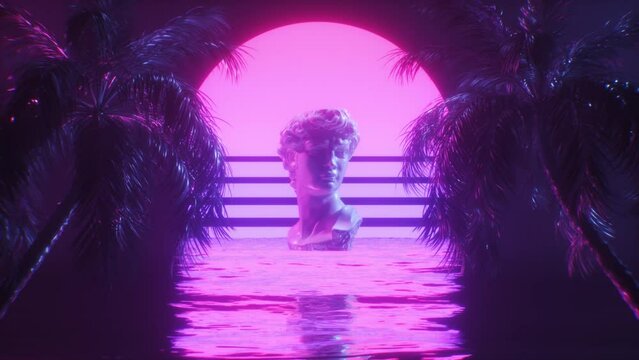 Dark Synthwave Background of Palm Trees with Ocean and David Sculpture