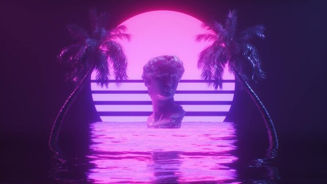 Palm Trees and David Sculpture with Ocean Synthwave Background