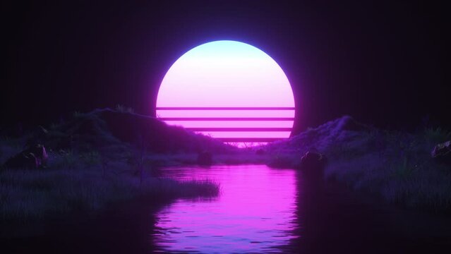 Neon Glowing Sun and Landscape SynthWave Style Background
