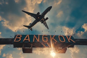 Plane landing in BANGKOK with "BANGKOK" road sign in foreground, travel Thailand