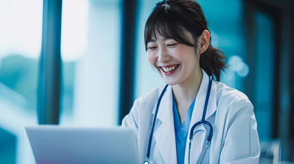 ノートパソコンで笑顔でオンライン診察をする女性医師