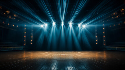 Blue stage curtain with spotlights, vibrant stage lighting, performance concept, live event design,...