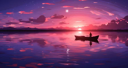 Gordijnen a man in a canoe floating across a lake in the sunset © Lucas