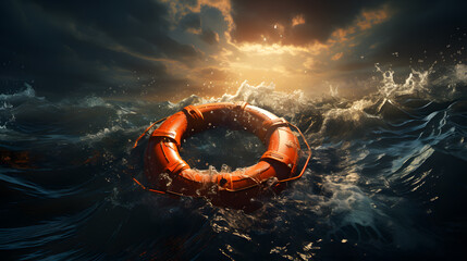 A rescue buoy floating on the sea, a vital tool to rescue people from drowning incidents. sunset  - obrazy, fototapety, plakaty