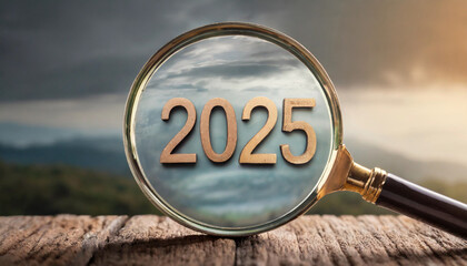 Magnifying glass focusing on 2025 calendar, symbolizing foresight, planning, and clarity for the futur