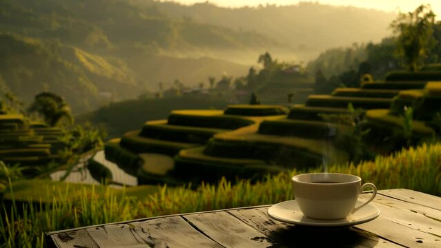 A warm cup of coffee with rice field view. seamless looping 4k time-lapse animation video background