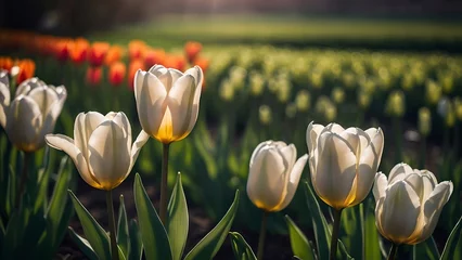 Draagtas red and white tulips in spring season in a field © Designer Khalifa