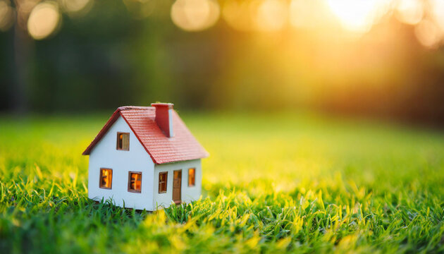 Miniature house on green lawn at sunset, symbolizing real estate investment
