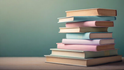 Pastel-colored books stacked neatly, symbolizing knowledge and learning, against a clean background. Ample space for captions