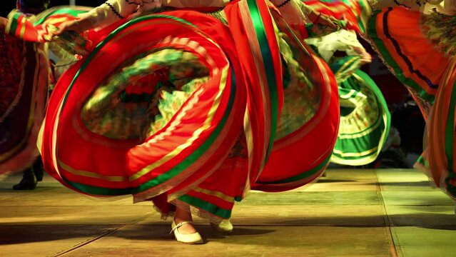 Closeup of women dancing with big flow dresses a Mexican cultural folk dance showing the different ethnic dances of La Paz, Baja California Sur, Mexico in slow motion.