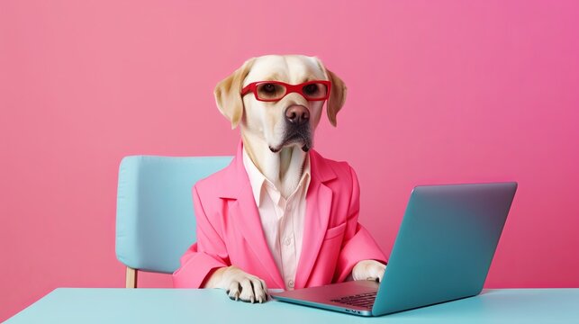 Labrador Retriever dog in suit using a laptop while working on bright pastel background. advertisement. presentation. commercial. editorial. copy text space.
