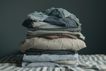 Stack of clothes on the bed. Selective focus. Toned.