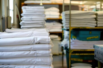 Stacks of white shirts on a shelf in a textile store.