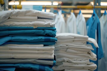 Stack of white and blue shirts on a shelf in a garment factory