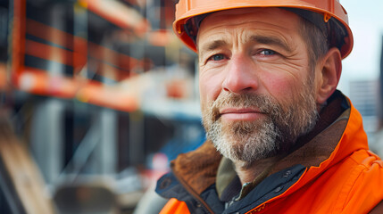Fototapeta premium Close-up of Engineer man with blurred construction site, Portrait of a construction worker on industry site