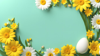 3D Easter Day Yellow Background with Unique Floral Arrangement Around Flowers and Eggs. Conceptualizing a Simple Modern Minimalist Easter Day Good Friday Banner.