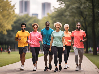 Fototapeta premium large group of older people exercising in a park in sports clothing