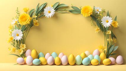 3D Easter Day Yellow Background Decorated with Floral Arrangement of Flowers and Eggs. Crafted for a Simple Modern Minimalist Easter Day Good Friday Banner Concept.