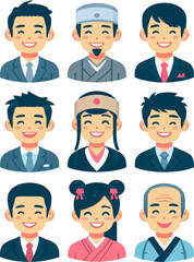 asian men women wearing traditional clothes smiling people in national ancient costumes chinese or japanese male female cartoon characters flat vector