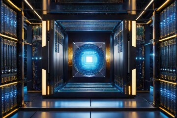 Quantum computing circuit with futuristic design, super computer