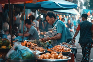 Thai man selling fruits and vegetables at street market