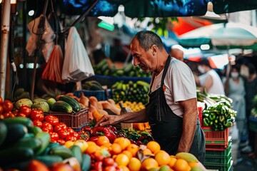 Asian man selling fruits and vegetables at a market