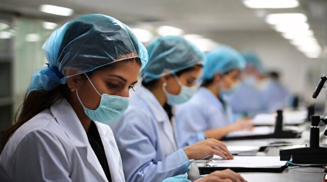 group of bioanalysts working in a laboratory with masks and blue caps
