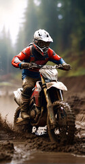 motocross racer crossing a mud puddle on his motorcycle at full speed