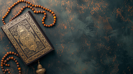 copy space of muslim holy book quran and rosary prayer beads. empty space for text