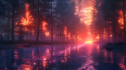 Mystical Forest Fire: Fiery Trees Illuminated at Dusk