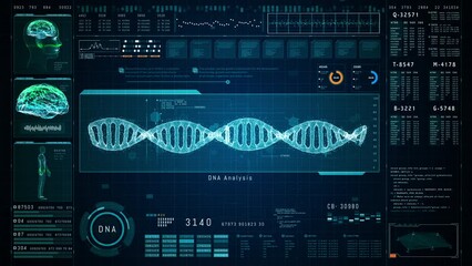 Advanced DNA Analysis with Brain Activity and Human Anatomy Visualization, Features a Comprehensive Digital Interface for DNA Analysis, Visualizations of Brain Activity and Human Anatomy. - Powered by Adobe