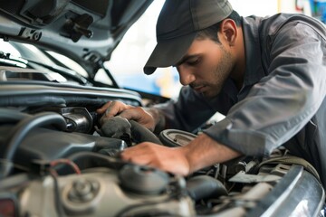 Middle Eastern mechanic working on car engine in auto repair shop