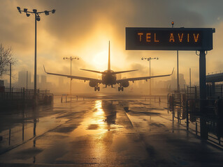 Airplane landing with TEL AVIV sign in the foreground, arriving in Israel, Ben Gurion airport - obrazy, fototapety, plakaty