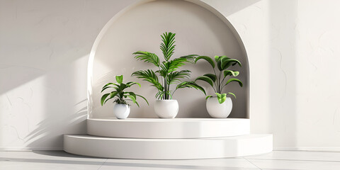 Beautiful three flower palm in pot on shelf of rack in apartment in light of setting sun White empty room with plant and sunlight Realistic cylinder pedestal podium set 3D background with  curtain.