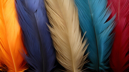 a number of different colored feathers in a group
