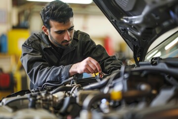 Fototapeta na wymiar Middle Eastern mechanic working on car engine in auto repair shop
