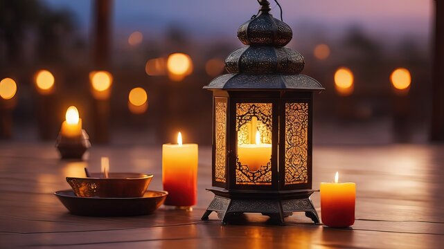 Fototapeta Ornamental Arabic lantern with burning candle glowing on a beautiful background with space for text or inscriptions