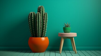 Near the blue wall of the room are a green cactus and a stool. various color patterns