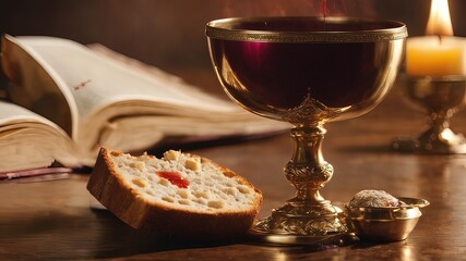 Sacrament The Eucharist, Holy Communion, Lord's Supper with copy space. The blood of my covenant, which is poured out for many - obrazy, fototapety, plakaty