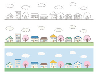春のシンプルな街並みのイラスト。家、木、ベクター、アイコン