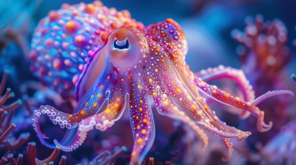 Spectacular Marine Life: Vibrant Octopus in a Mesmerizing Underwater Dance, Glowing in the Depths of Ocean Mysteries