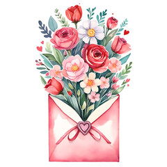 a whimsical pink envelope, artfully adorned with a heart, from which bursts an enchanting array of spring blossoms including roses and daisies, suggesting an outpouring of love and floral beauty.
