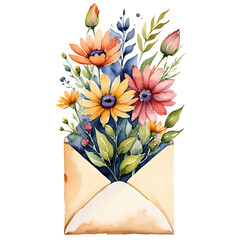 colorful flowers bursting forth from a gently toned envelope, suggestive of a delightful surprise or a heartfelt message conveyed through the timeless beauty of botanicals.